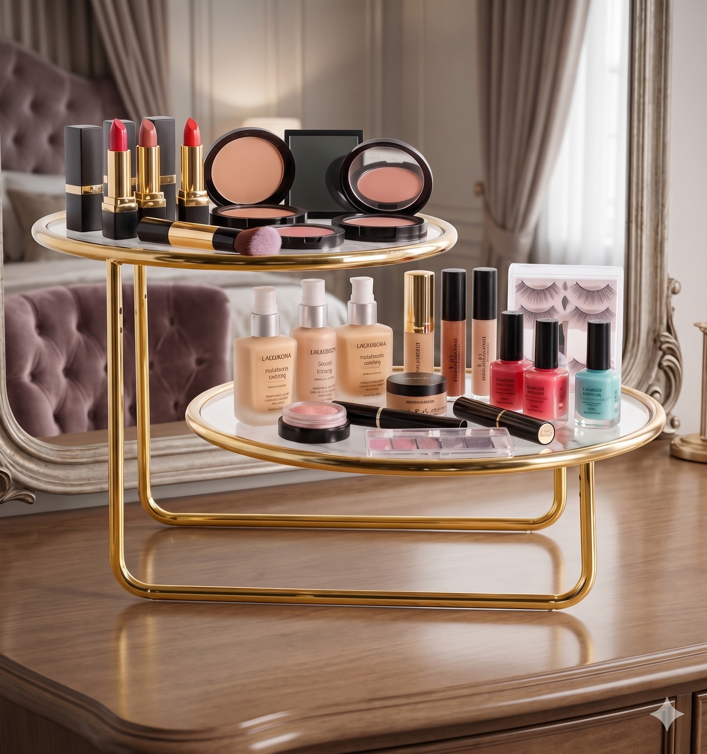 Luxury 2-Tier Offset Golden Cosmetic Organizer – Premium Metal Vanity Display Stand with Elegant White Acrylic Base