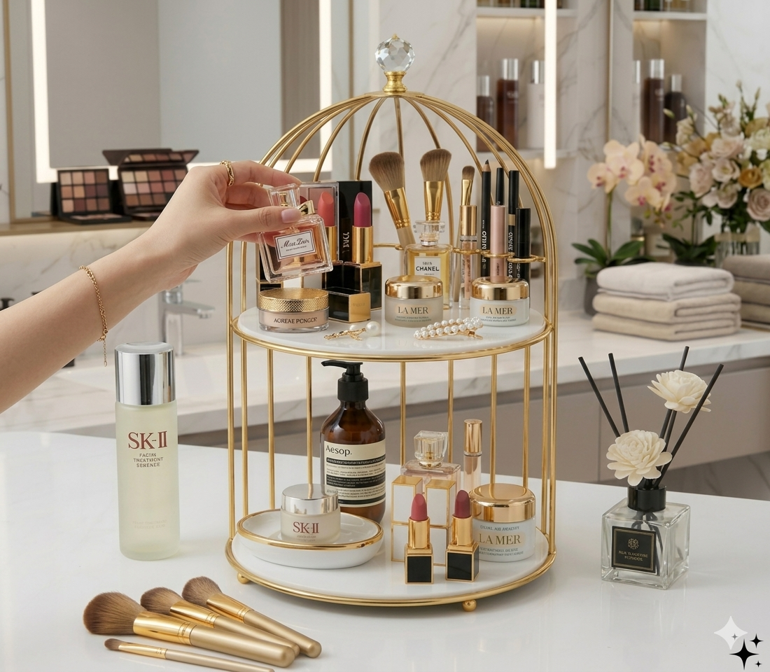 Royal 2-Tier Multi-Purpose Golden Platter Stand – Luxury Display Rack for Fast Food, Desserts & Cosmetic Organization