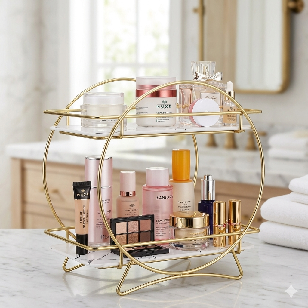Premium 2-Tier Round Gold Cosmetic Organizer – Luxury Vanity Mirror-Style Makeup & Perfume Stand
