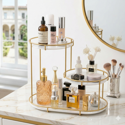 Luxury 3-Tier Step-Design Golden Organizer | Premium Oval Vanity Rack with White Acrylic Base for Cosmetics, Perfumes & High-End Decor