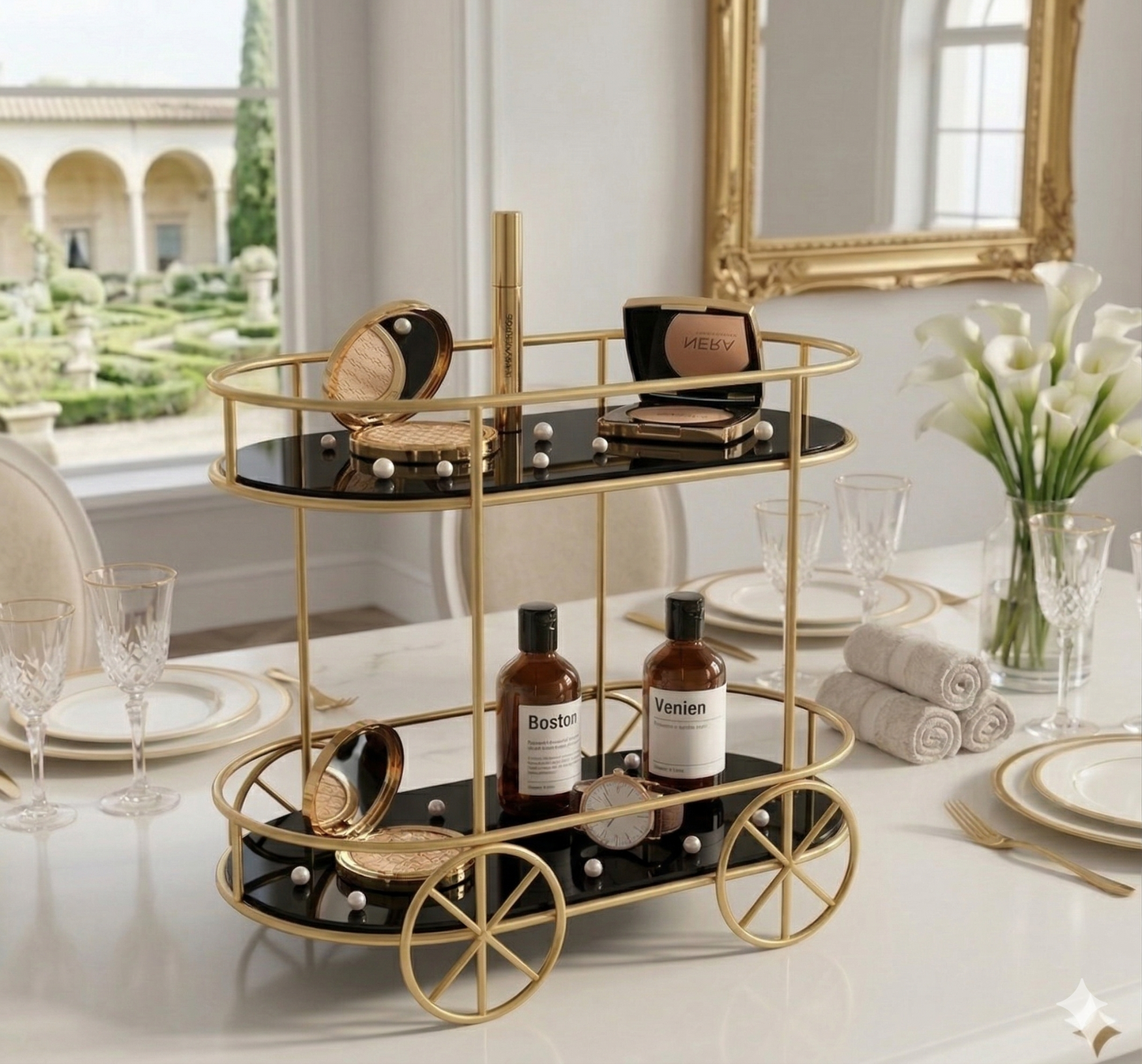 2 tier Trolley Shape Cake stand ,Pastry stand, Cosmetic Rack Makeup Rack etc