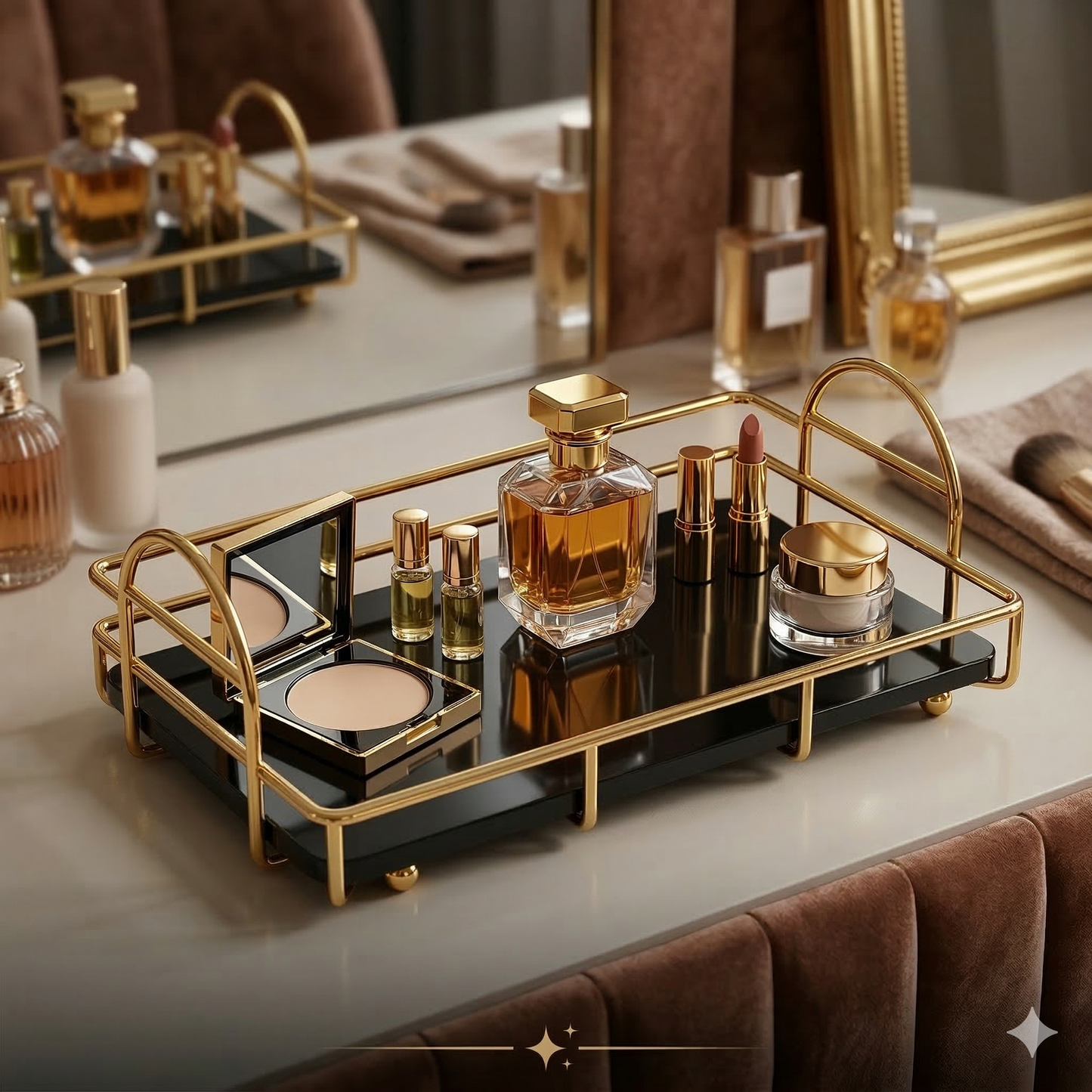 Luxury Shiny Gold Cosmetic Organizer Tray – Premium Black Acrylic Vanity Decor for Perfume, Makeup & Jewelry