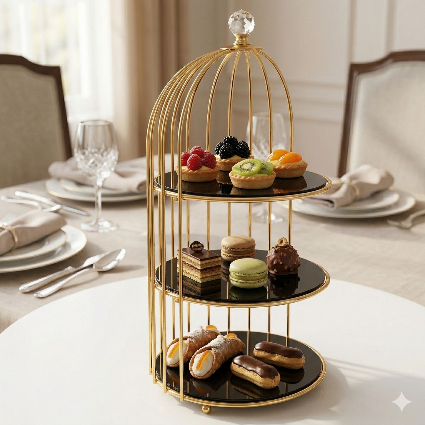 Royal 2-Tier Multi-Purpose Golden Platter Stand – Luxury Display Rack for Fast Food, Desserts & Cosmetic Organization