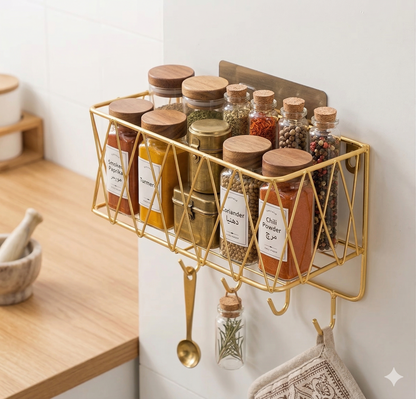 Gold Wall Mounted Bathroom Organizer – Geometric Shelf & Cosmetic Display Stand