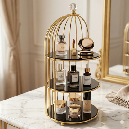 singel tier Luxury Golden Birdcage Cosmetic Organizer – Premium Metal Makeup & Perfume Display Stand with White Marble Acrylic Base