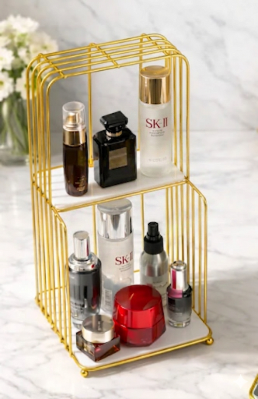 Luxury Gold Metal Skincare & Cosmetic Organizer – 2-Tier Birdcage Style Makeup Vanity Shelf