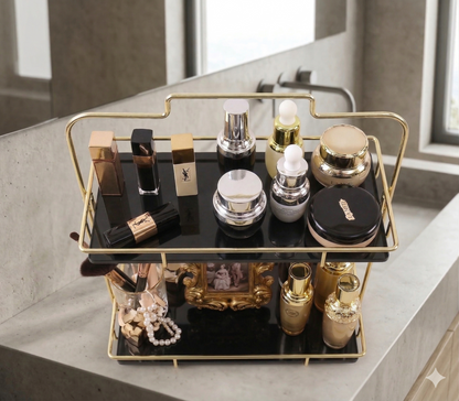 2-Tier Golden Vanity Rack – Elegant Makeup & Skincare Organizer :