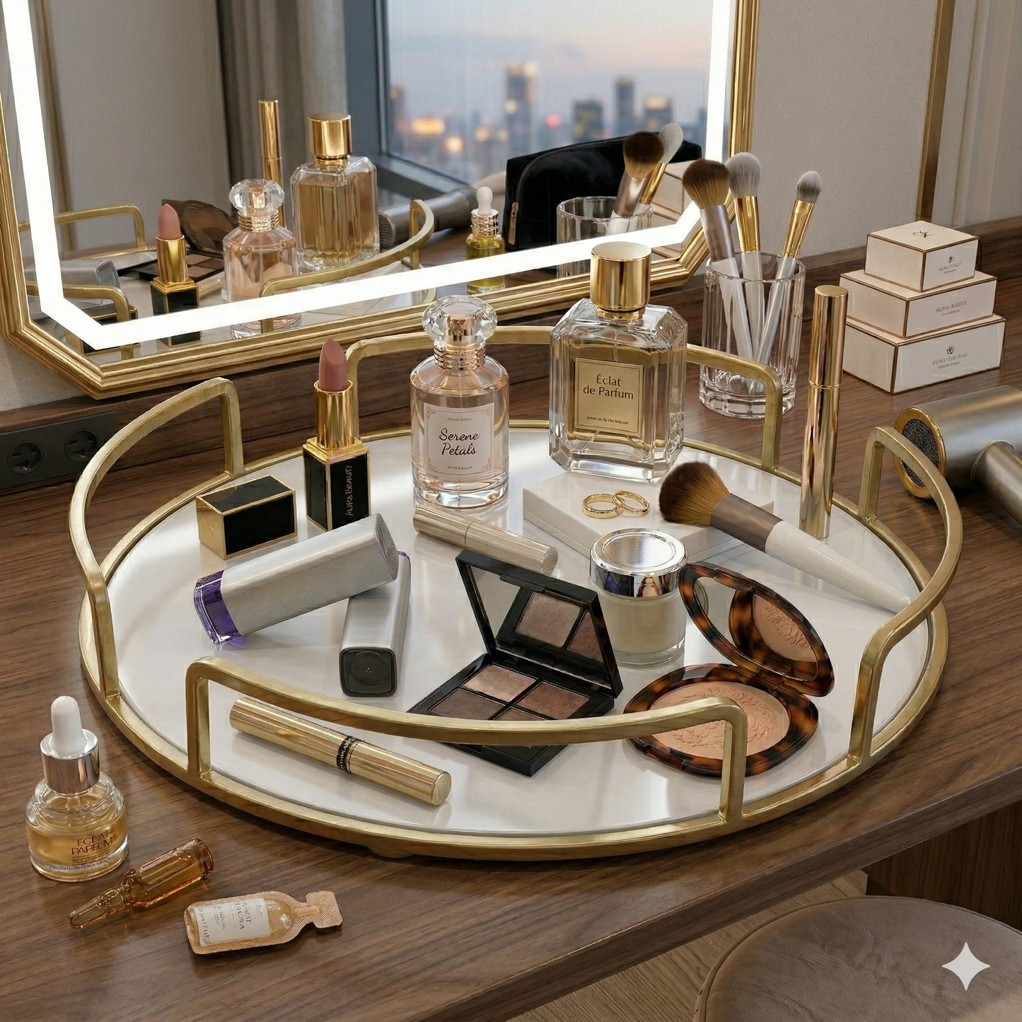 Luxury Round Golden Organizer Tray – Premium Black Acrylic Base for Perfumes & Makeup Display