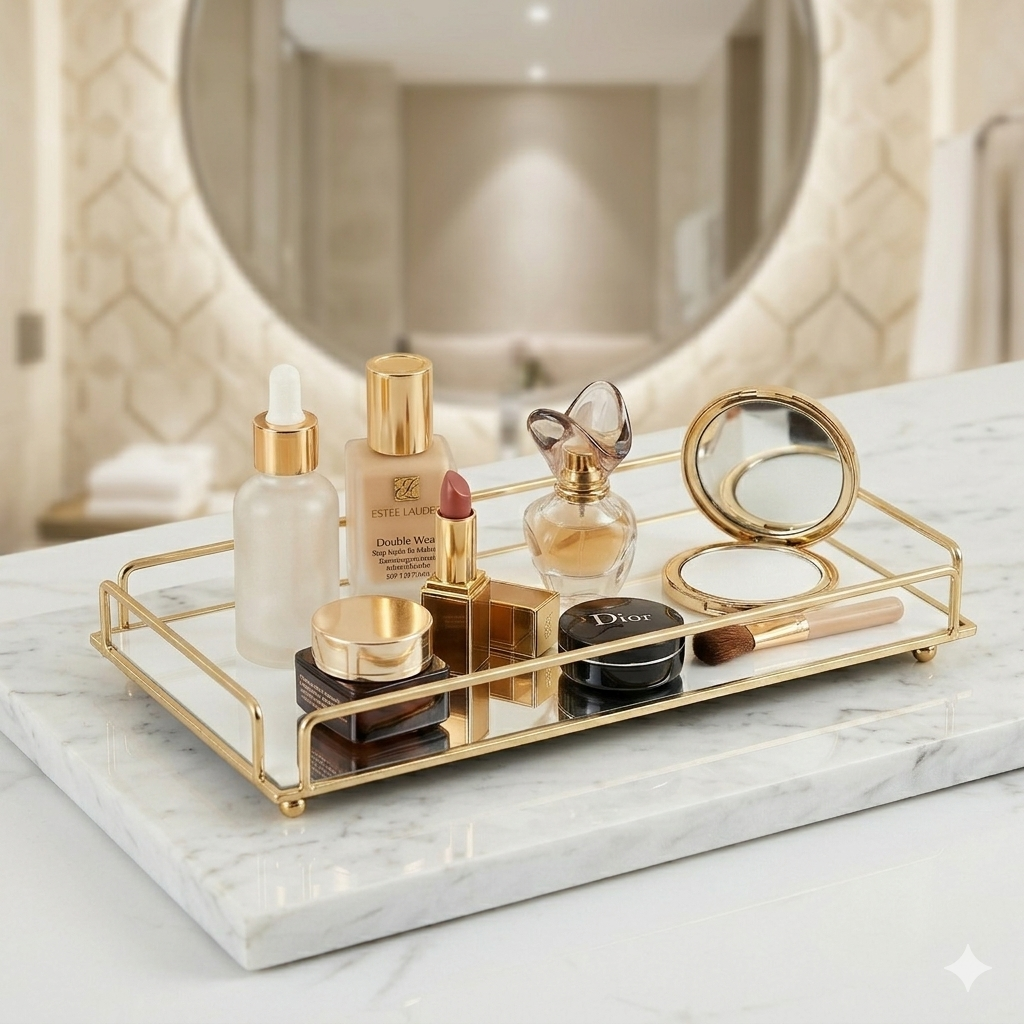 Luxury Golden Vanity Organizer – Sleek Makeup & Perfume Display Tray