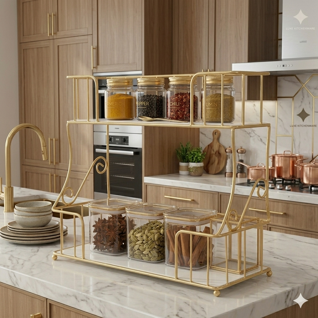 Luxury 2-Tier Gold Spice Rack & Kitchen Organizer – Elegant Countertop Storage for Jars, Condiments, and Spice Bottles