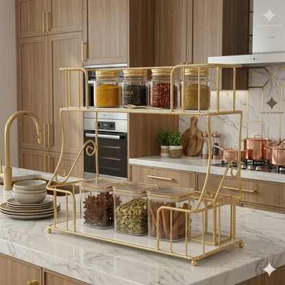 Luxury 2-Tier Gold Spice Rack & Kitchen Organizer – Elegant Countertop Storage for Jars, Condiments, and Spice Bottles