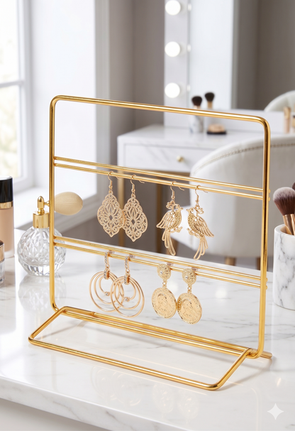 Luxury Multi-Tier Golden Earring Organizer Rack – Premium Metal Holder for Studs, Dangles & Hoop Earrings – Space Saving Vanity Stand