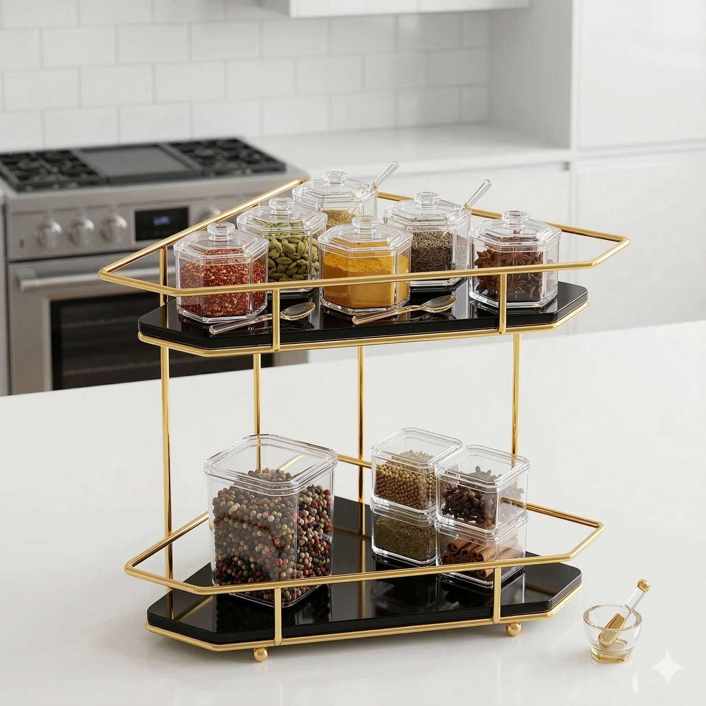2-Tier Corner Storage Rack – Shiny Gold & Black acrylic Finish
