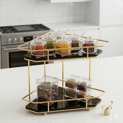 2-Tier Corner Storage Rack – Shiny Gold & Black acrylic Finish