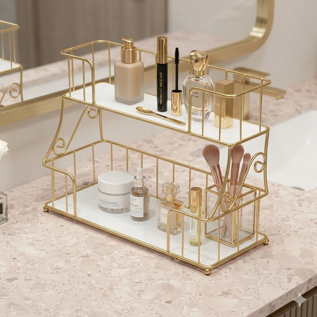 Luxury 2-Tier Gold Spice Rack & Kitchen Organizer – Elegant Countertop Storage for Jars, Condiments, and Spice Bottles