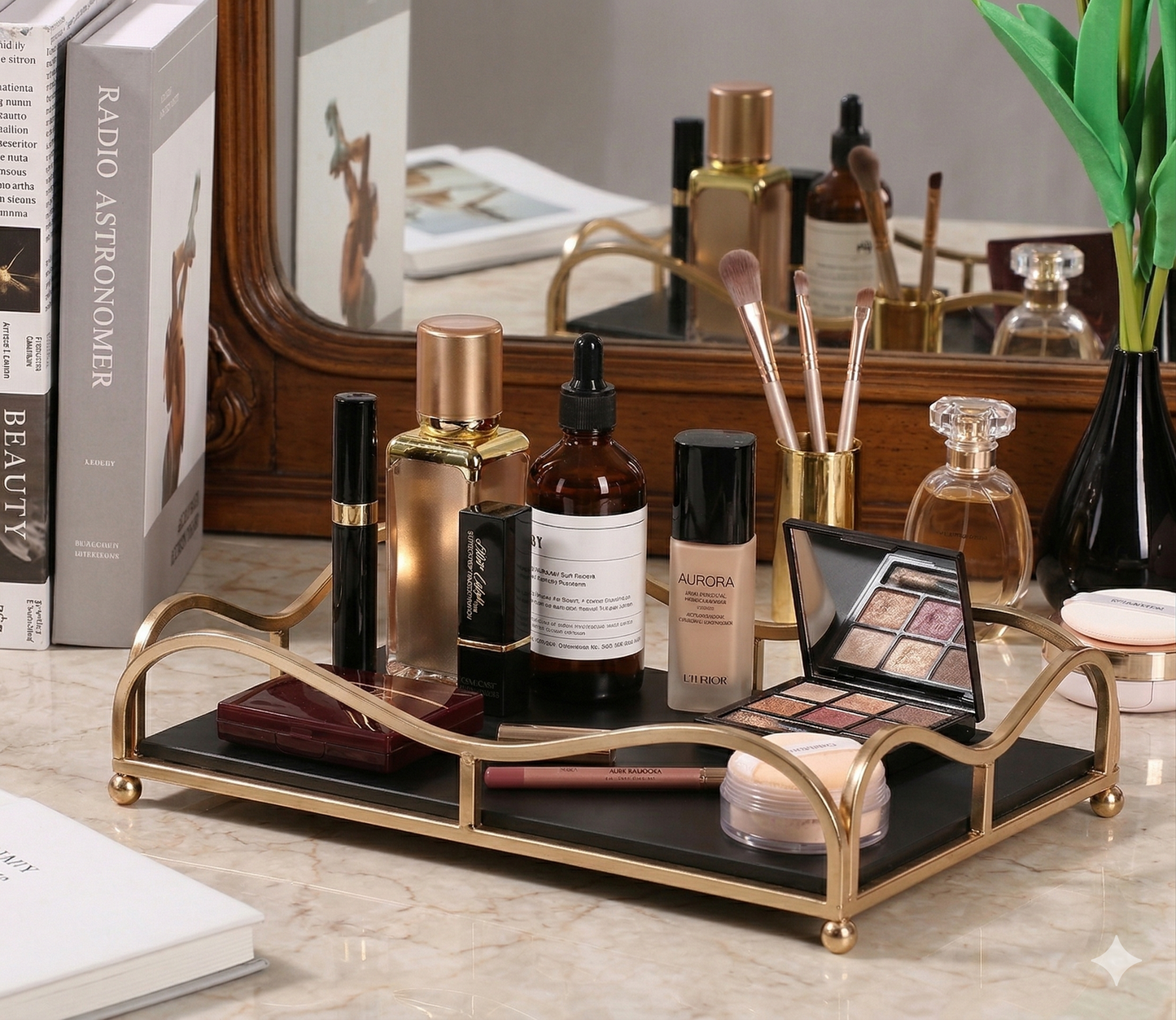 Luxury Gold Vanity Tray with Acrylic Base – Mirror-Finish Single-Tier Makeup, Perfume & Skincare Organizer