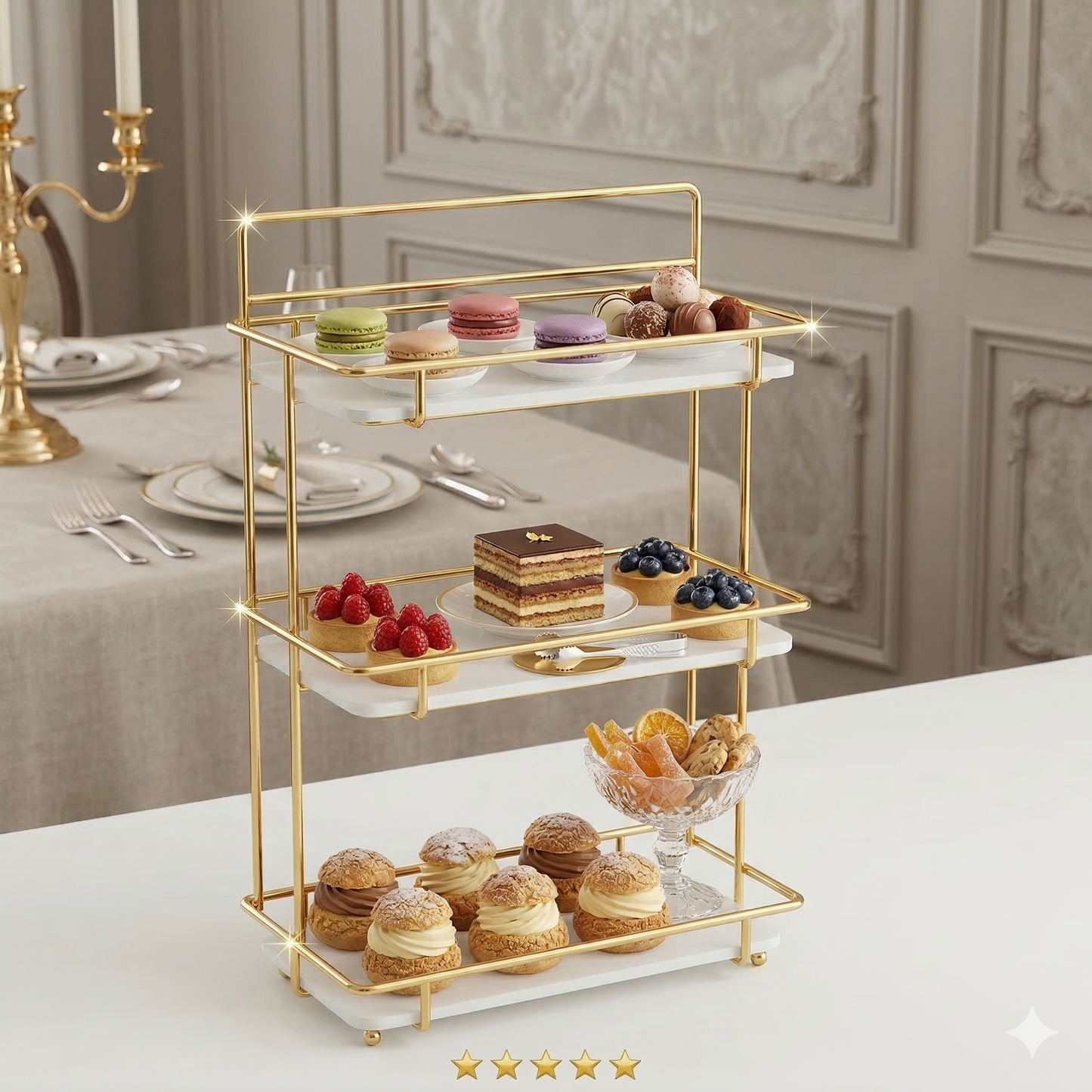 Luxury 3-Tier Shiny Gold Cosmetic Organizer – Premium Acrylic Vanity Rack with Brush Holder for Skincare & Perfume Display