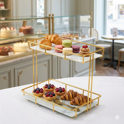 Luxury 2-Tier Gold Mecup Organizer Rack – Premium Cosmetic & Kitchen Countertop Display Stand (Black & White Acrylic Base)