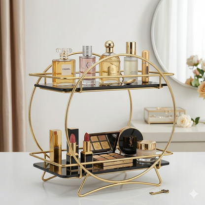 Premium 2-Tier Round Gold Cosmetic Organizer – Luxury Vanity Mirror-Style Makeup & Perfume Stand