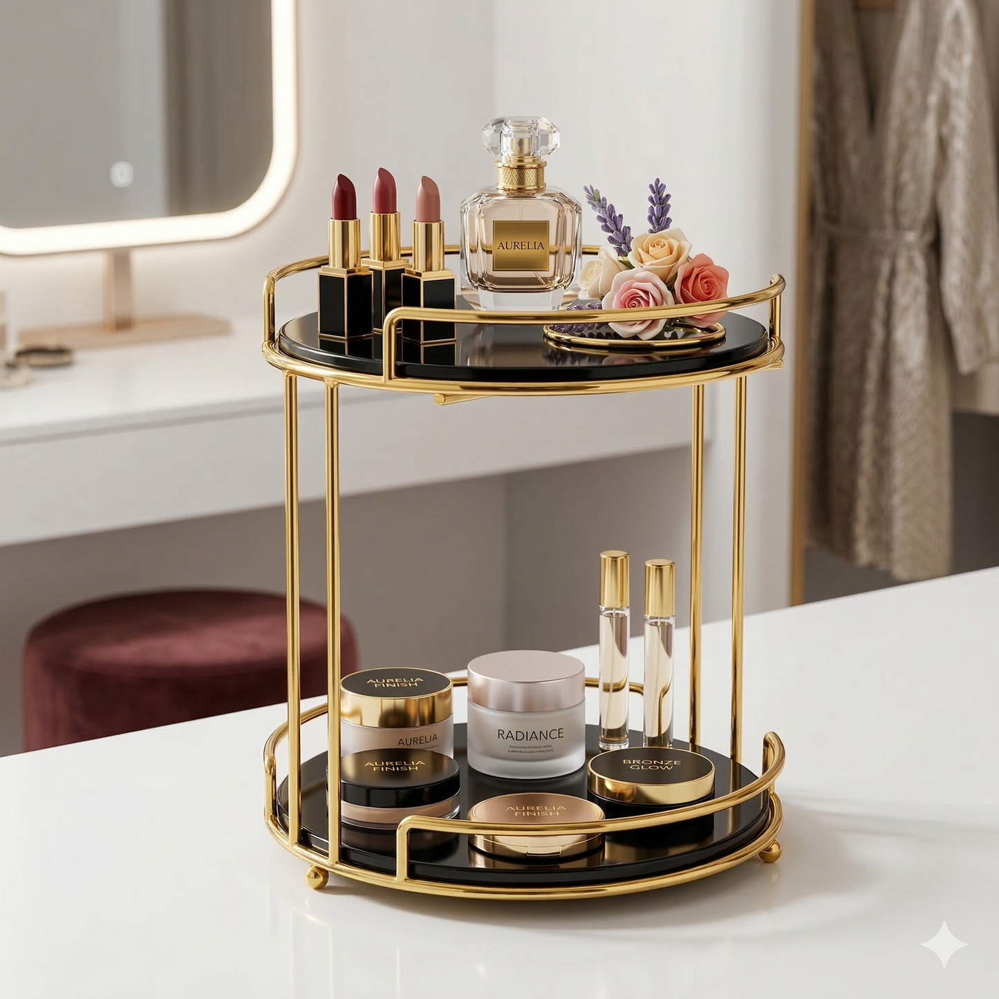 Jewelry Tray Double-Deck Cosmetics Storage Tray – Gold Metal Organizer for Rings, Necklaces & Beauty Products