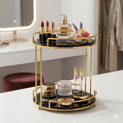 Jewelry Tray Double-Deck Cosmetics Storage Tray – Gold Metal Organizer for Rings, Necklaces & Beauty Products