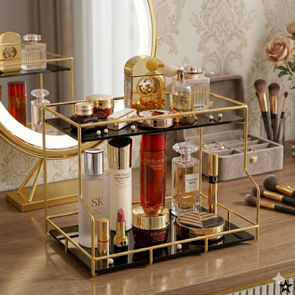 Premium 2-Tier Golden Rectangular Organizer | Luxury Multi-Purpose Metal Rack for Cosmetics, Perfumes & Home Decor Display