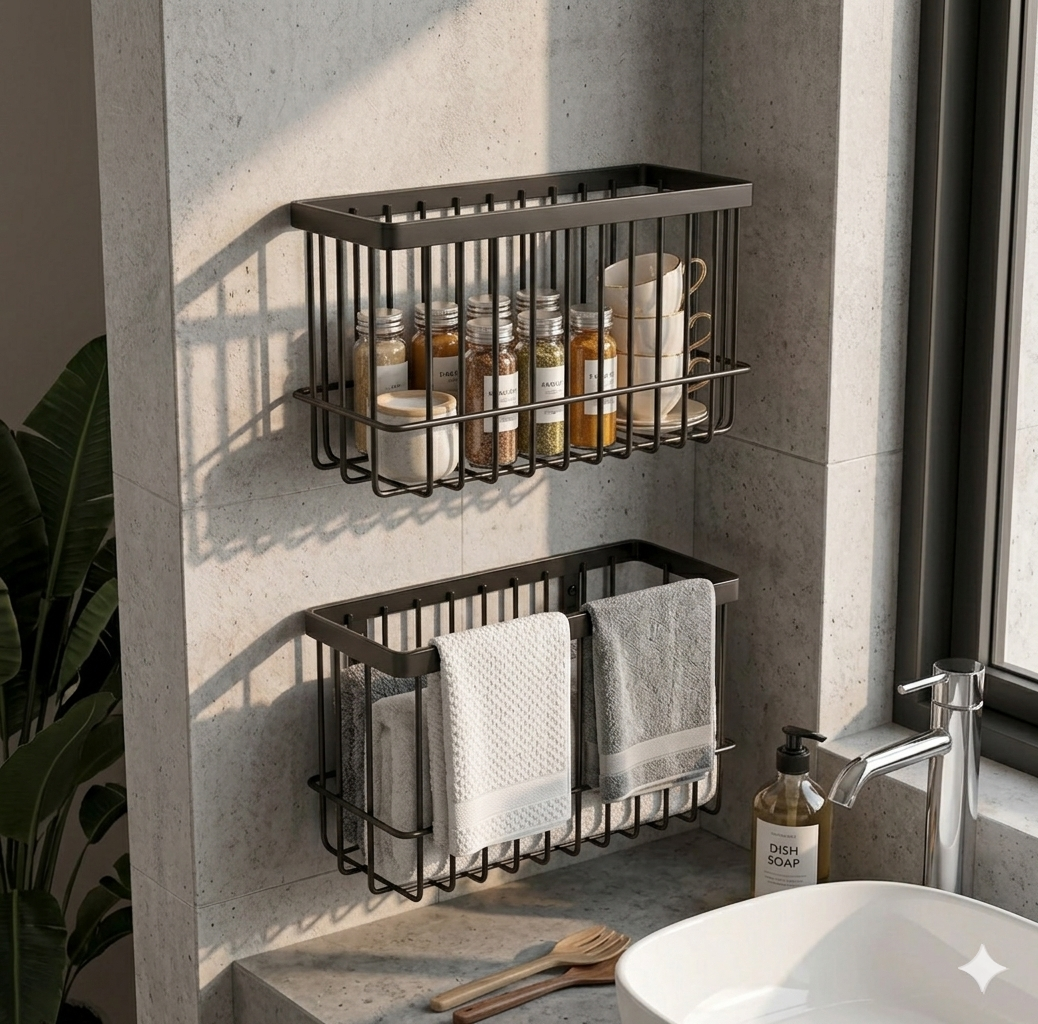 Set of 2 Wall-Mounted Black Metal Wire Storage Baskets – Multipurpose Home & Kitchen Organizer Rack – Rust-Proof Bathroom Caddy
