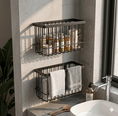 Set of 2 Wall-Mounted Black Metal Wire Storage Baskets – Multipurpose Home & Kitchen Organizer Rack – Rust-Proof Bathroom Caddy