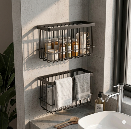 Set of 2 Wall-Mounted Black Metal Wire Storage Baskets – Multipurpose Home & Kitchen Organizer Rack – Rust-Proof Bathroom Caddy