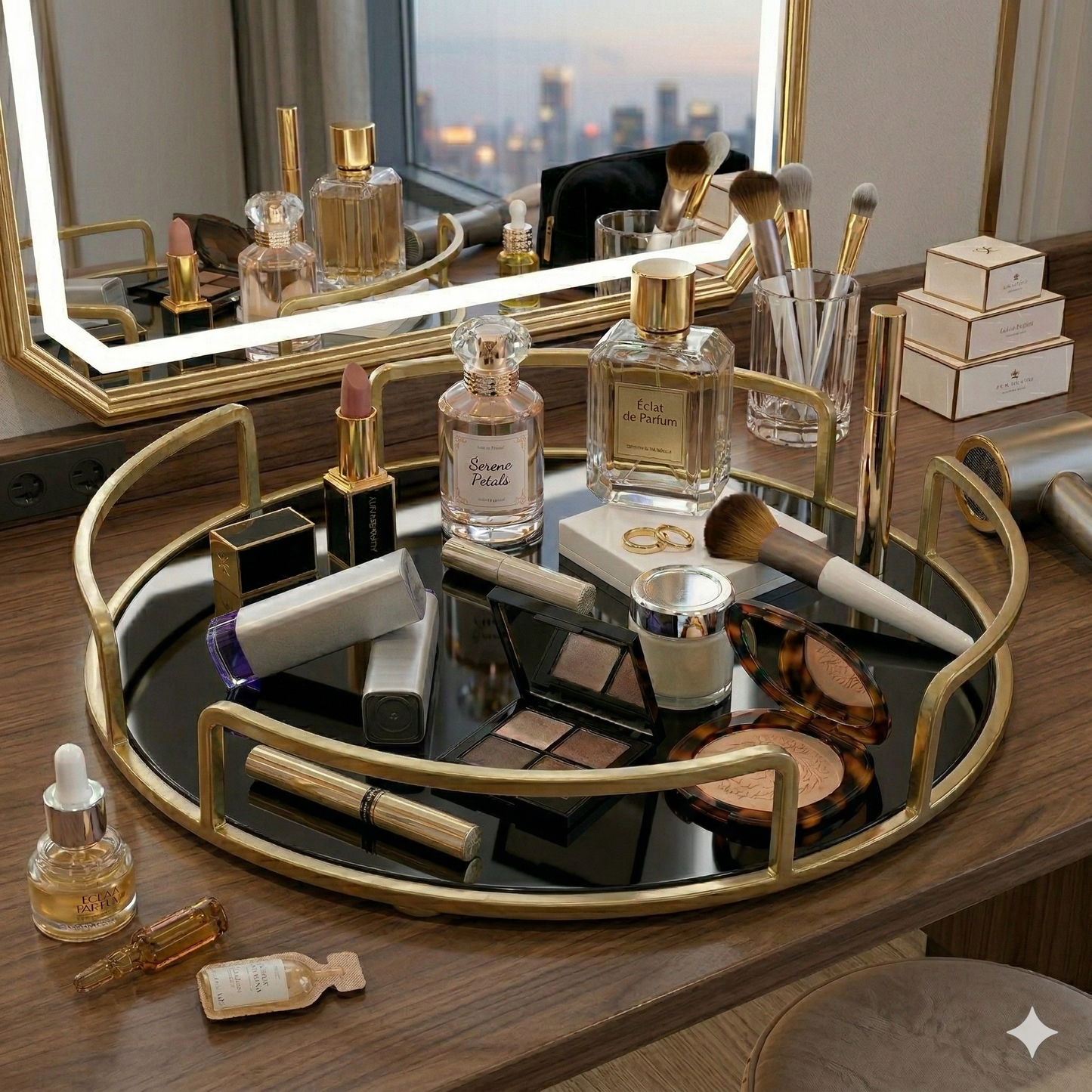 Luxury Round Golden Organizer Tray – Premium Black Acrylic Base for Perfumes & Makeup Display