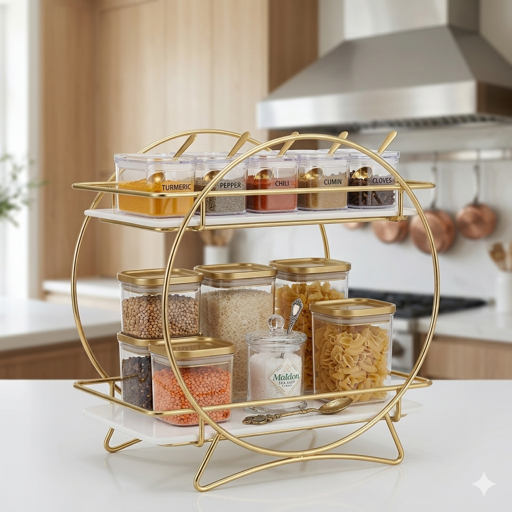 Premium 2-Tier Round Gold Cosmetic Organizer – Luxury Vanity Mirror-Style Makeup & Perfume Stand