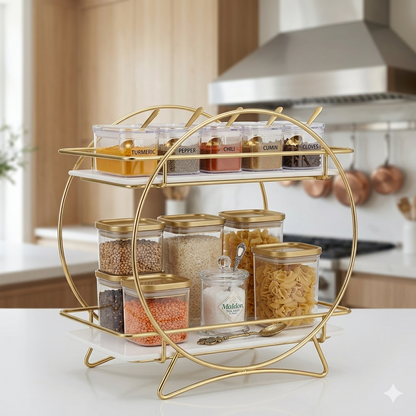 Premium 2-Tier Round Gold Cosmetic Organizer – Luxury Vanity Mirror-Style Makeup & Perfume Stand