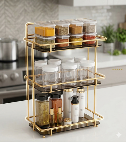 Luxury 3-Tier Shiny Gold Cosmetic Organizer – Premium Acrylic Vanity Rack with Brush Holder for Skincare & Perfume Display