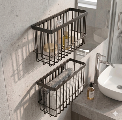 Set of 2 Wall-Mounted Black Metal Wire Storage Baskets – Multipurpose Home & Kitchen Organizer Rack – Rust-Proof Bathroom Caddy