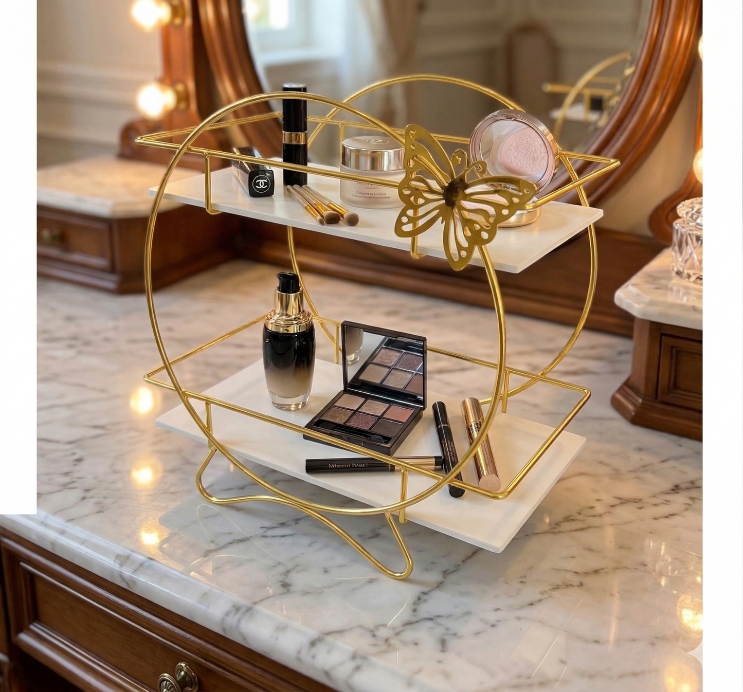 Luxury 2-Tier Butterfly Golden Vanity Rack – Elegant Makeup & Skin Care Organizer