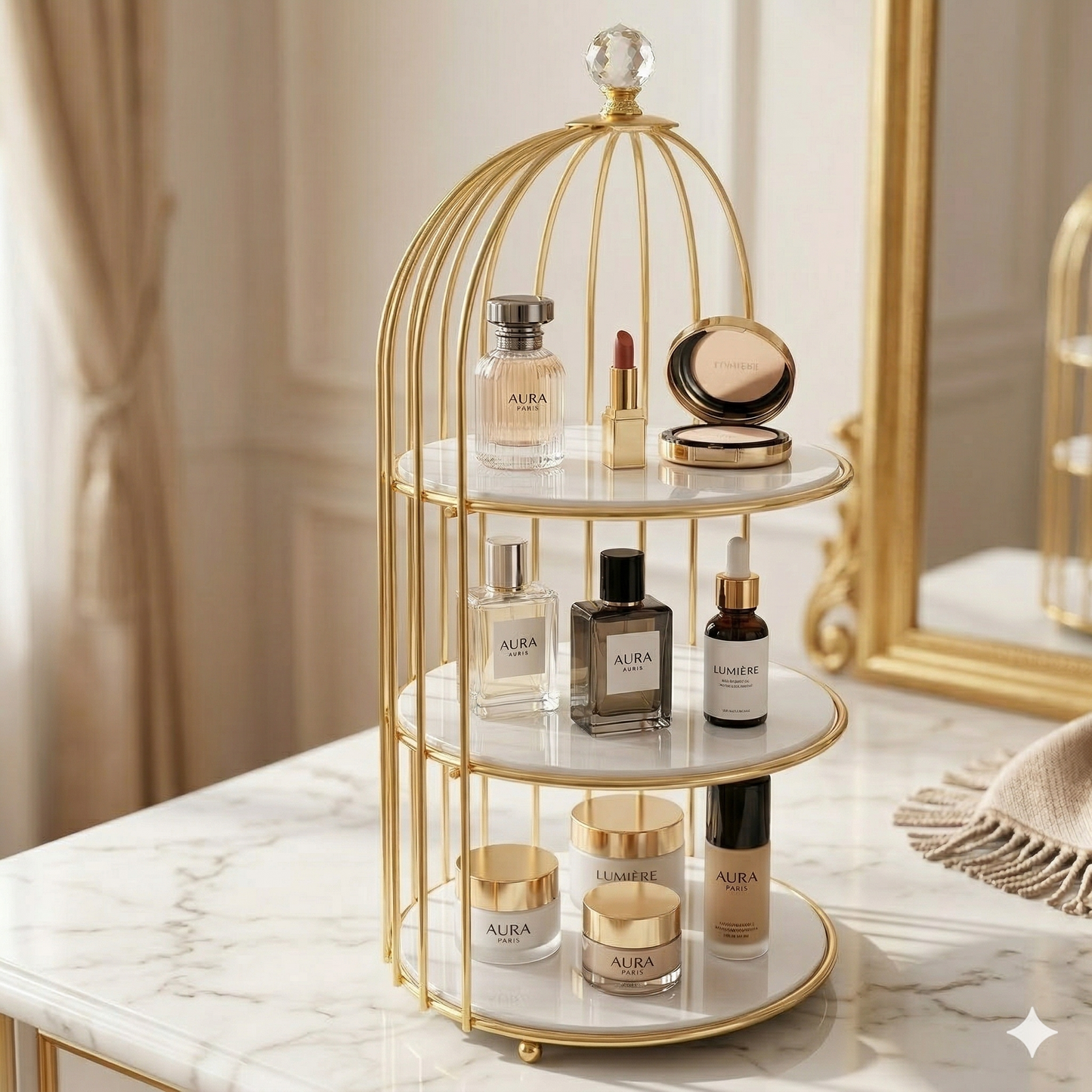 singel tier Luxury Golden Birdcage Cosmetic Organizer – Premium Metal Makeup & Perfume Display Stand with White Marble Acrylic Base