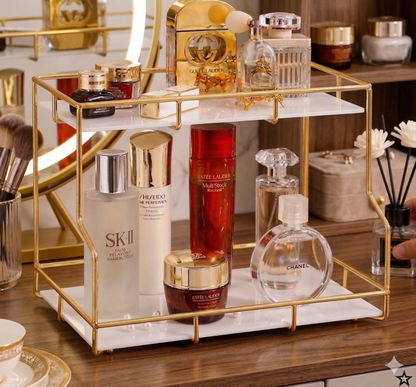 Premium 2-Tier Golden Rectangular Organizer | Luxury Multi-Purpose Metal Rack for Cosmetics, Perfumes & Home Decor Display