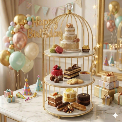 Multi-Purpose Golden Birdcage Stand – Luxury Display Rack for Fast Food, Desserts & Cosmetic Organization