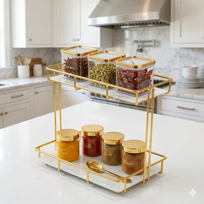 Luxury 2-Tier Gold Mecup Organizer Rack – Premium Cosmetic & Kitchen Countertop Display Stand (Black & White Acrylic Base)
