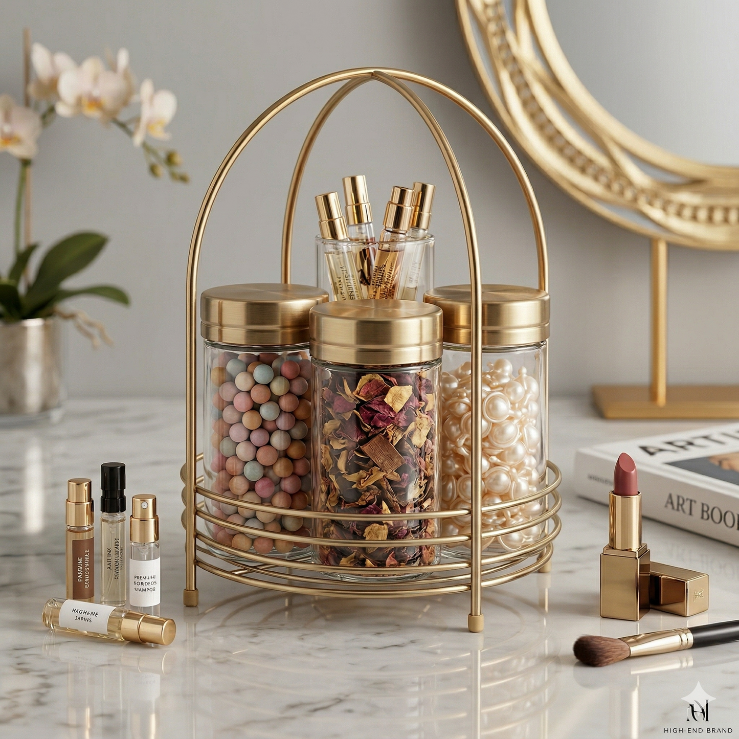 Luxury Golden  Spice Organizer – Premium Round Metal Kitchen Rack with Elegant White Base for Masala Jars & Jams
