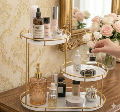 Luxury 3-Tier Step-Design Golden Organizer | Premium Oval Vanity Rack with White Acrylic Base for Cosmetics, Perfumes & High-End Decor