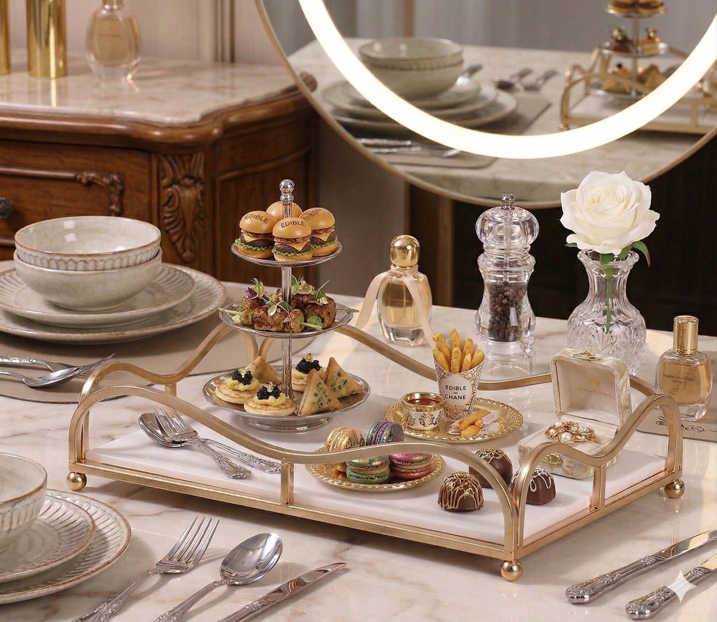 Luxury Gold Vanity Tray with Acrylic Base – Mirror-Finish Single-Tier Makeup, Perfume & Skincare Organizer