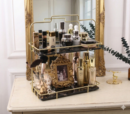 2-Tier Golden Vanity Rack – Elegant Makeup & Skincare Organizer :
