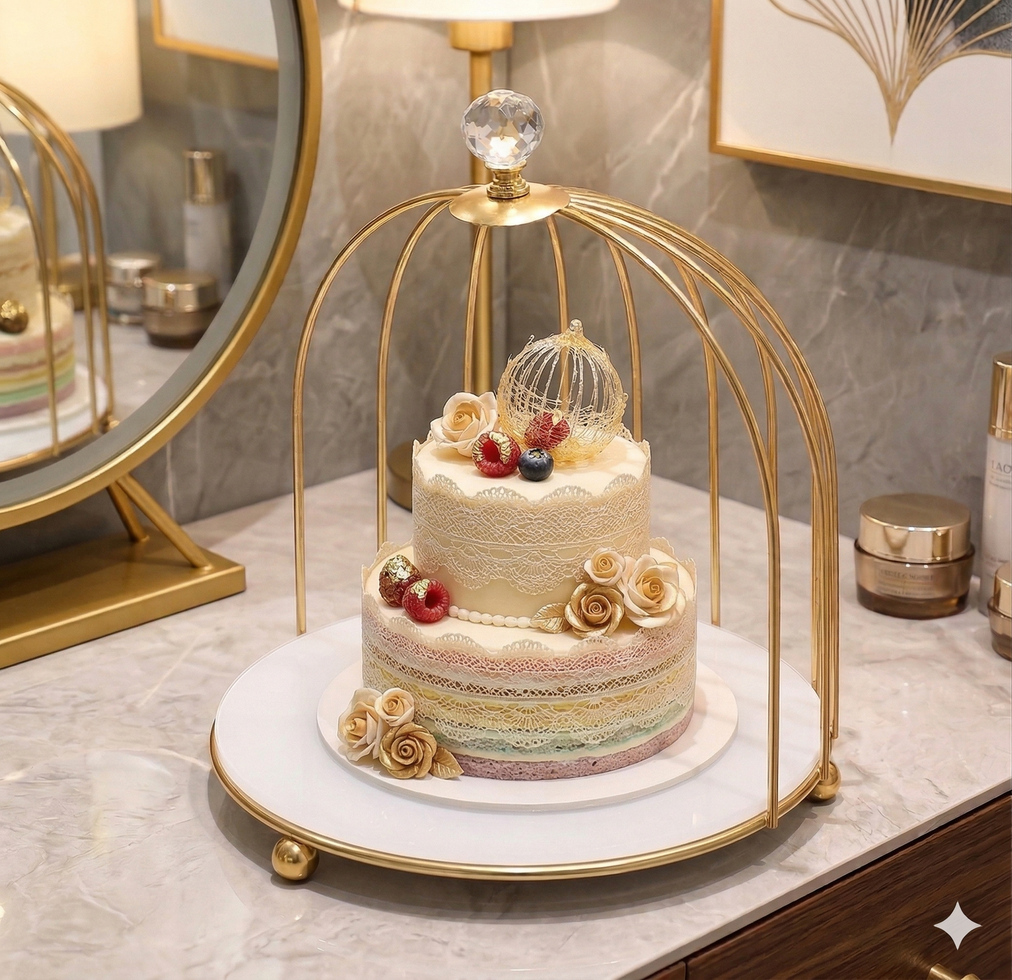 Multi-Purpose Golden Birdcage Stand – Luxury Display Rack for Fast Food, Desserts & Cosmetic Organization