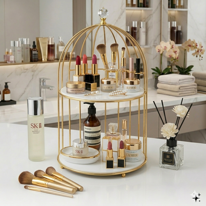 singel tier Luxury Golden Birdcage Cosmetic Organizer – Premium Metal Makeup & Perfume Display Stand with White Marble Acrylic Base