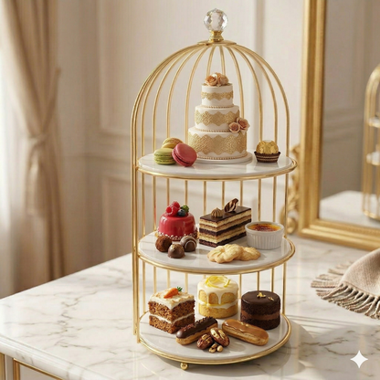 Multi-Purpose Golden Birdcage Stand – Luxury Display Rack for Fast Food, Desserts & Cosmetic Organization