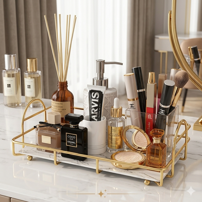 Luxury Shiny Gold Cosmetic Organizer Tray – Premium Black Acrylic Vanity Decor for Perfume, Makeup & Jewelry