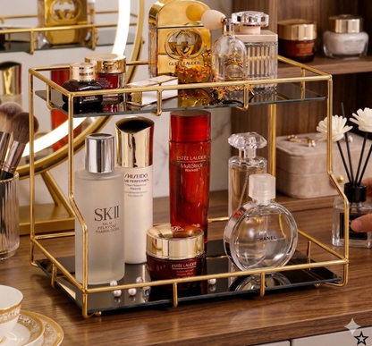 Premium 2-Tier Golden Rectangular Organizer | Luxury Multi-Purpose Metal Rack for Cosmetics, Perfumes & Home Decor Display