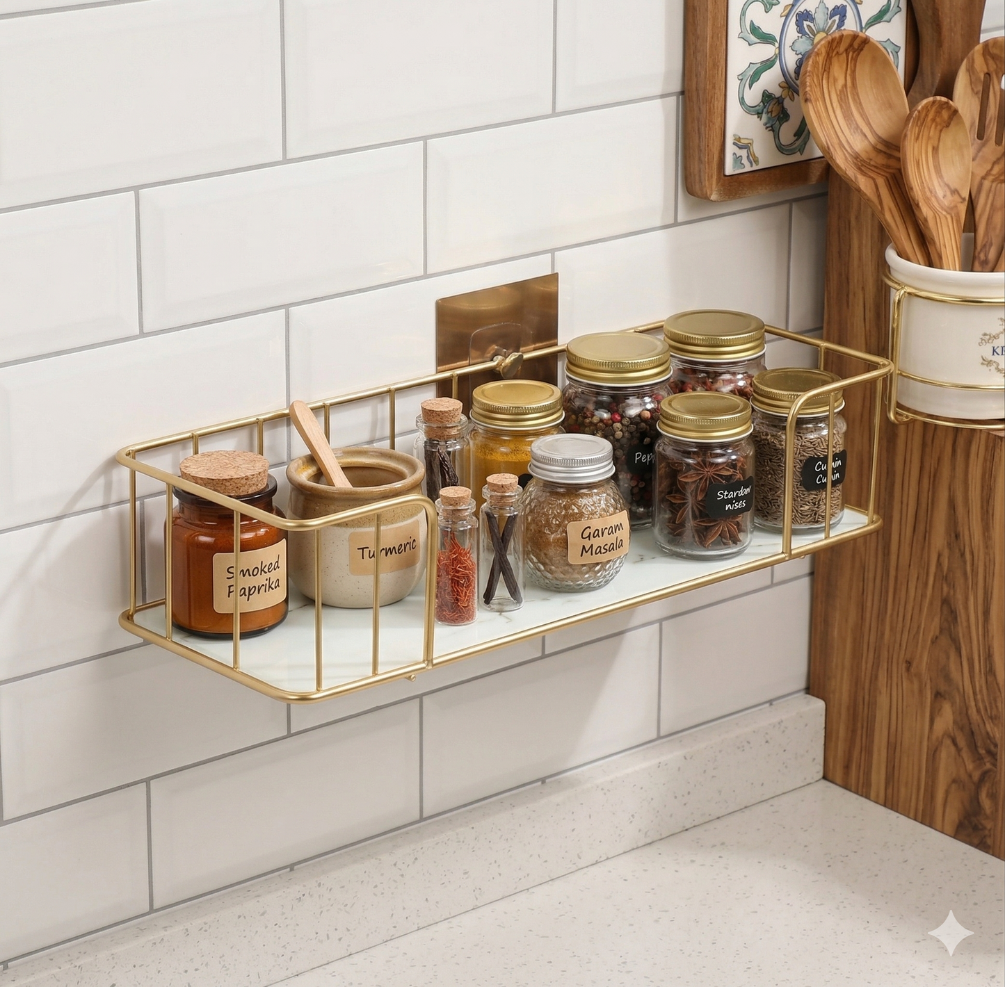 Luxury Golden Wall-Mounted Organizer Rack – Multi-purpose Storage Shelf for Bathroom, Kitchen & Dressing Table – Premium Metal & Marble Finish Base