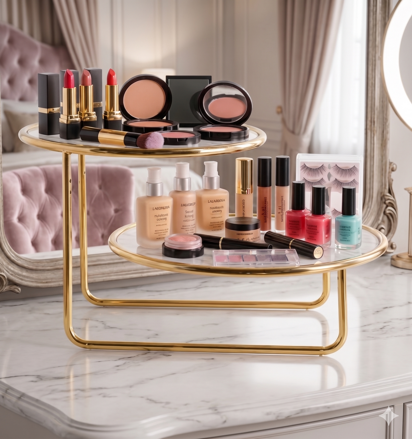 Luxury 2-Tier Offset Golden Cosmetic Organizer – Premium Metal Vanity Display Stand with Elegant White Acrylic Base